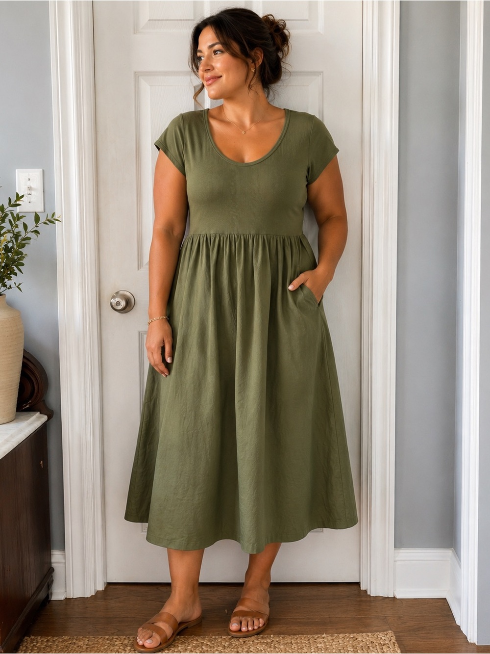 Suzy Shier Olive Green Midi Dress